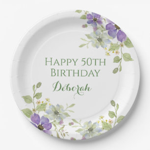 Custom Purple WIldflower 50th Birthday Party Paper Plates