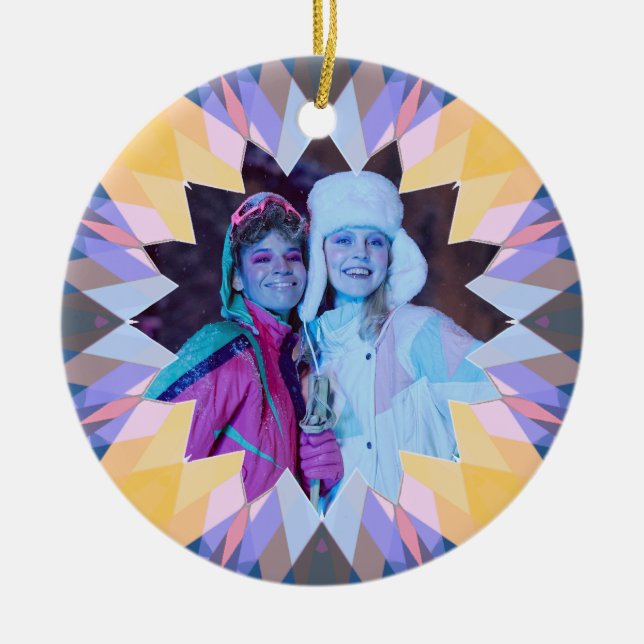 Custom Purple Yellow Christmas Star Photo Gift Ceramic Ornament (Front)