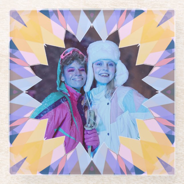 Custom Purple Yellow Christmas Star Photo Gift Glass Coaster (Front)