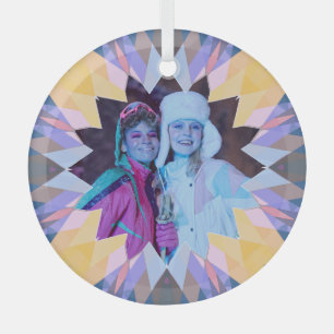 Custom Purple Yellow Christmas Star Photo Gift Glass Ornament