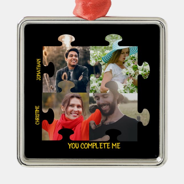 Custom puzzle piece photo You complete me couple Metal Ornament (Front)