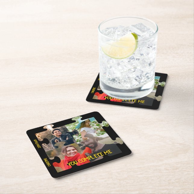 Custom puzzle piece photo You complete me couple Square Paper Coaster (Insitu)