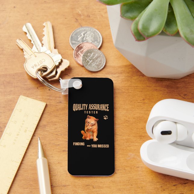Custom QA Tester Cat Humor Keychain (Desk)