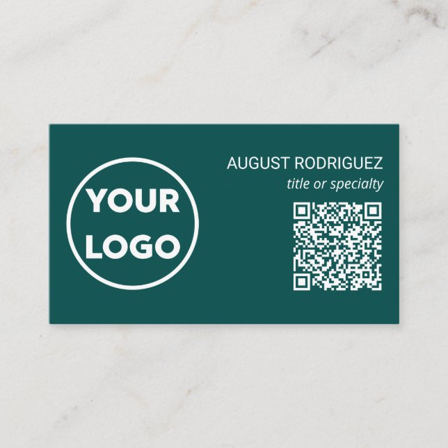 Custom QR Code Business Logo Modern Teal Business Card (Front)
