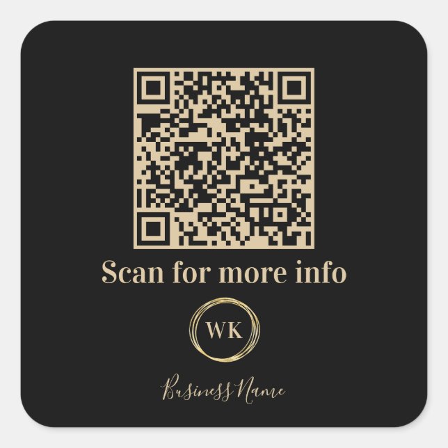 Custom QR Code Business Monogram Logo Black Gold Square Sticker (Front)