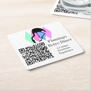 Custom QR Code Cafe Restaurant Bar Retro Flamingo Square Paper Coaster