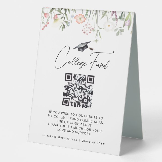 Custom QR Code College Fund Wildflower Table Tent (Front)