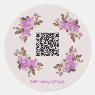 Custom QR Code Floral Frame Wedding Gift Registry Classic Round Sticker