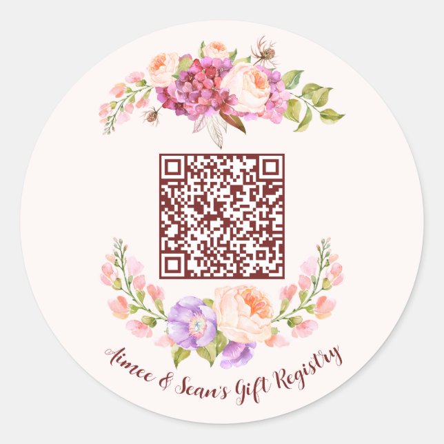 Custom QR Code Floral Frame Wedding Gift Registry Classic Round Sticker (Front)