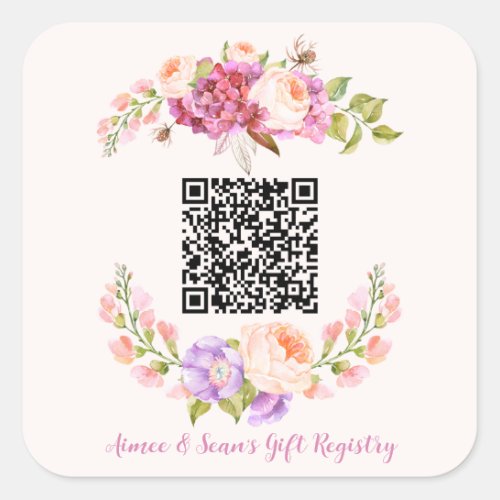 Custom QR Code Floral Frame Wedding Gift Registry Square Sticker