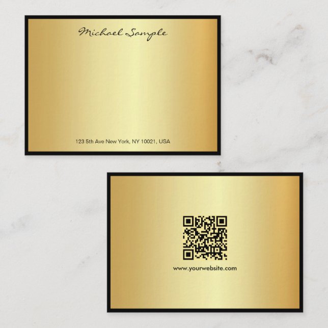 Custom QR Code Handwritten Script Name Gold Note Card (Front/Back)