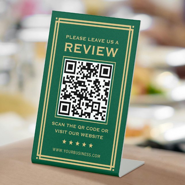 Custom QR Code Leave a Review Classic Green Gold Pedestal Sign (Creator Uploaded)