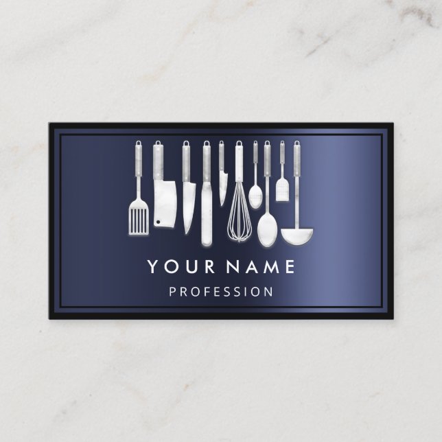 Custom QR CODE Logo Restaurant Cooking  Chef Navy Business Card (Front)