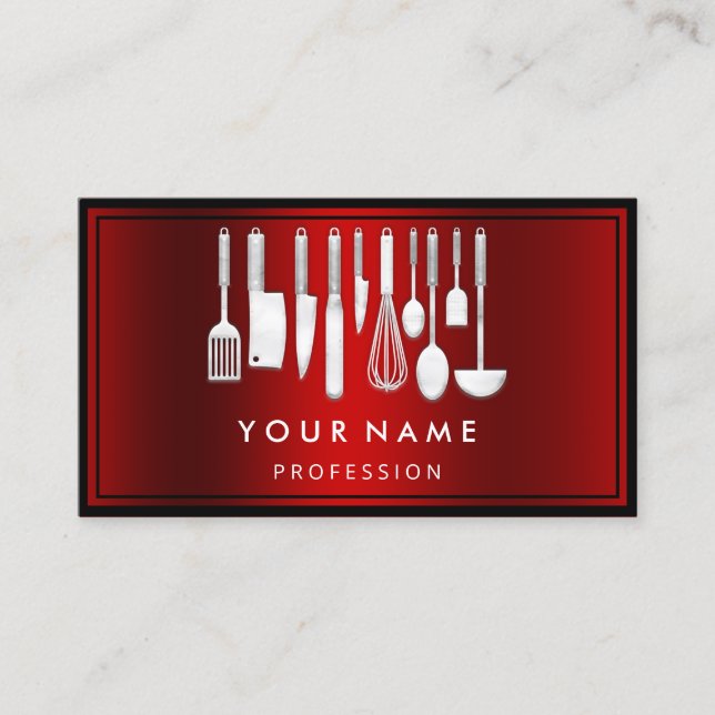 Custom QR CODE Logo Restaurant Cooking  Chef Red Business Card (Front)