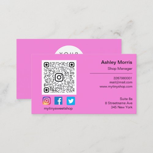 Custom QR Code Logo Social Online Shop Pink Business Card