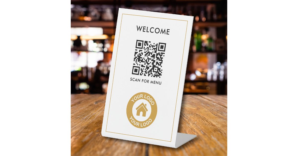 Custom QR Code Logo Text Modern Business Pedestal Sign | Zazzle