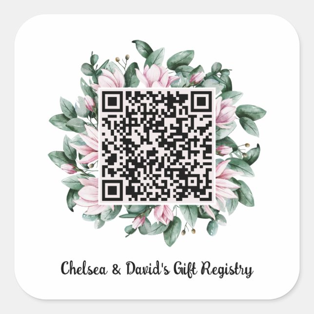 Custom QR Code Magnolia Flower Frame Gift Registry Square Sticker (Front)