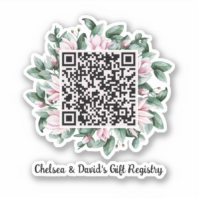 Custom QR Code Magnolia Flower Frame Gift Registry Sticker (Front)
