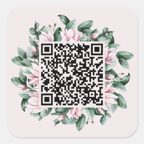 Custom QR Code Magnolia Flower Frame Wedding Square Sticker