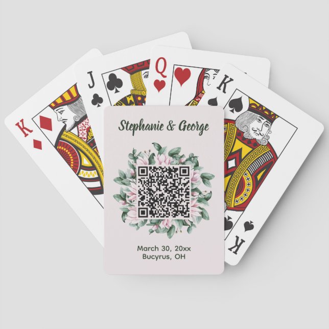 Custom QR Code Magnolia Personalized Wedding Poker Cards (Back)
