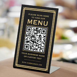 Custom QR Code Menu Contactless Classic Black Gold Pedestal Sign
