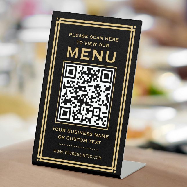 Custom QR Code Menu Contactless Classic Black Gold Pedestal Sign (Creator Uploaded)