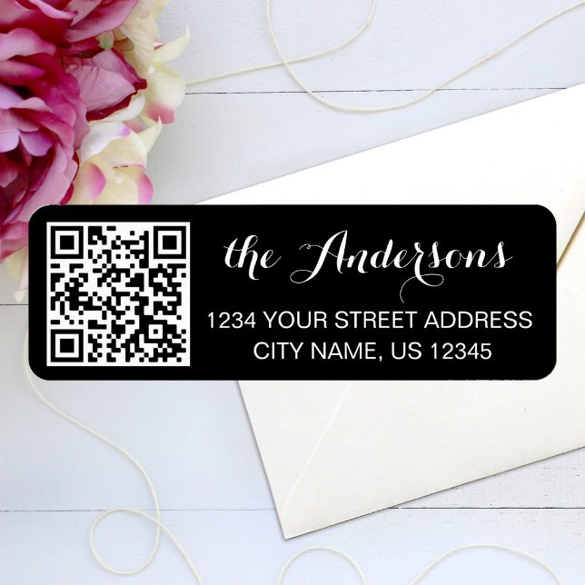 Custom QR Code Name Text Black Return Address Label (Creator Uploaded)