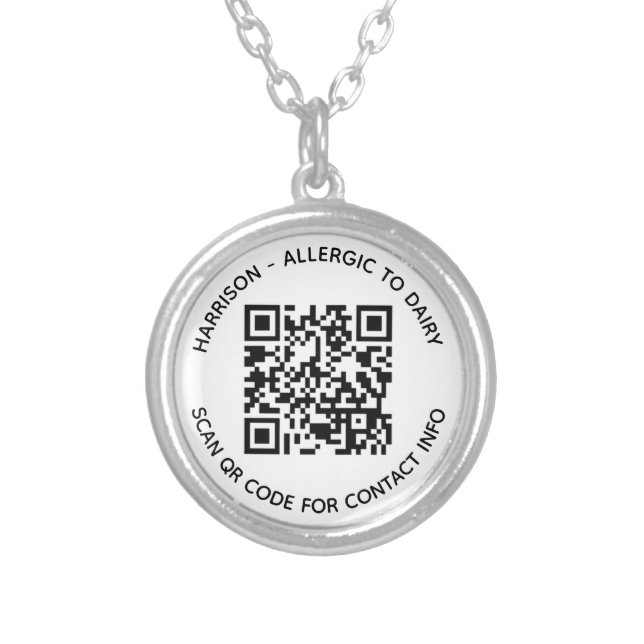 Custom QR Code name text contact info photo kids Silver Plated Necklace (Front)