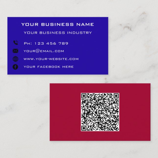 Custom QR Code Name Text Info Colors Business Card (Front/Back)