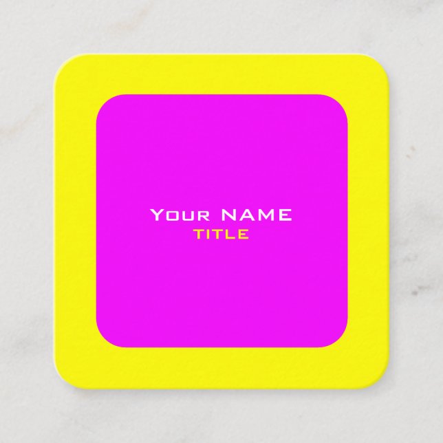 Custom QR Code Neon Pink and Yellow Square Business Card (Front)