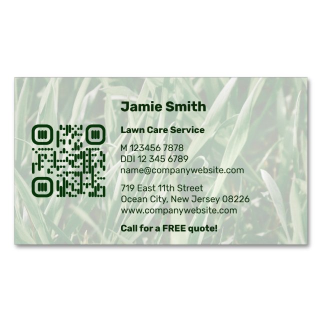 Custom QR Code Photo Green Lawn Care Business Card Magnet (Front)