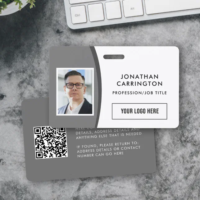 Custom QR Code Photo Logo Gray Employee ID Badge | Zazzle