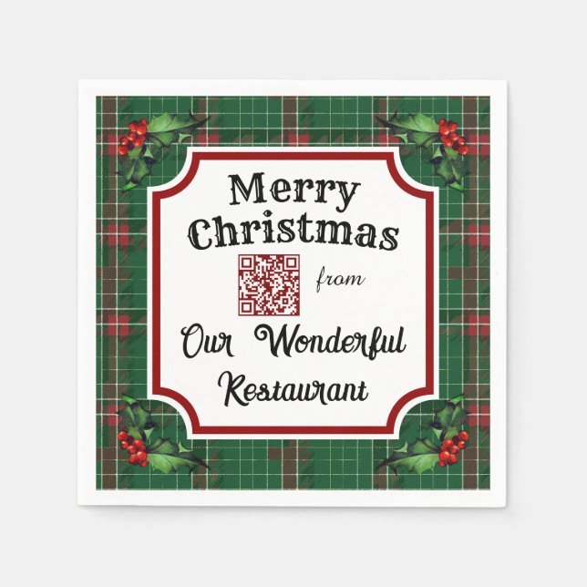 Custom QR Code Restaurant Christmas Green Plaid Napkins (Front)