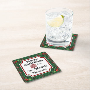Custom QR Code Restaurant Christmas Green Plaid Square Paper Coaster