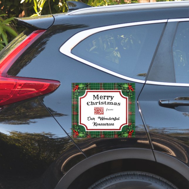 Custom QR Code Restaurant Christmas Green Plaid Sticker (Car Side)