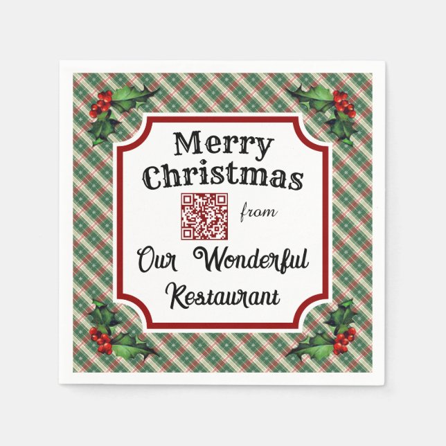Custom QR Code Restaurant Christmas Plaid Napkins (Front)