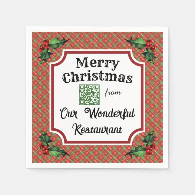 Custom QR Code Restaurant Christmas Plaid Napkins (Front)