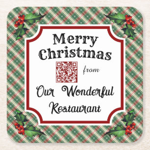 Custom QR Code Restaurant Christmas Plaid Square Paper Coaster