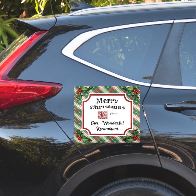 Custom QR Code Restaurant Christmas Plaid Sticker (Car Side)