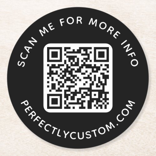 Custom QR code Scan for more info text black Round Paper Coaster