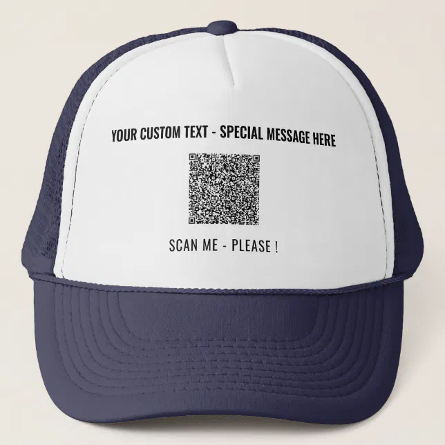 Custom QR Code Scan Info and Text Trucker Hat | Zazzle