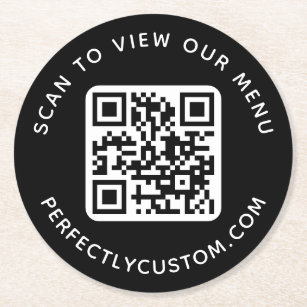 Custom QR code Scan to view our menu text black Round Paper Coaster