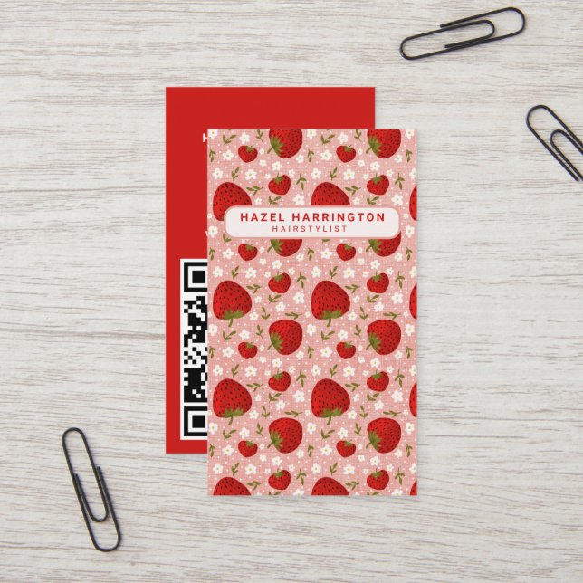 Custom QR Code Scannable Cute Strawberry Vertical Business Card (Front/Back In Situ)