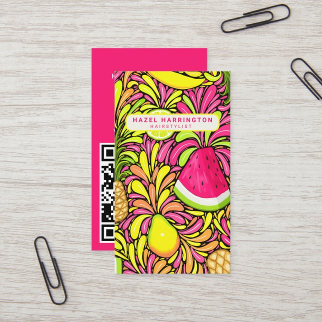 Custom QR Code Scannable Tropical Colorful Fruit Business Card (Front/Back In Situ)