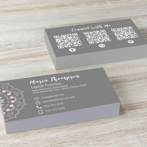 Custom QR Code Social Media Stylish Grey Pink  Business Card