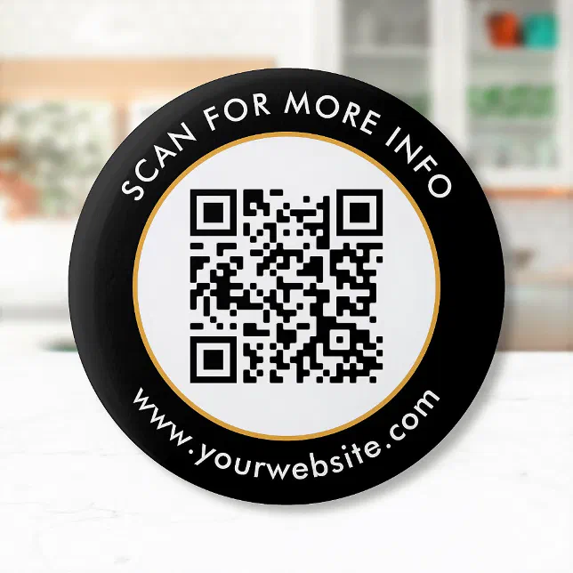 Custom QR Code Text Black White Gold Button | Zazzle