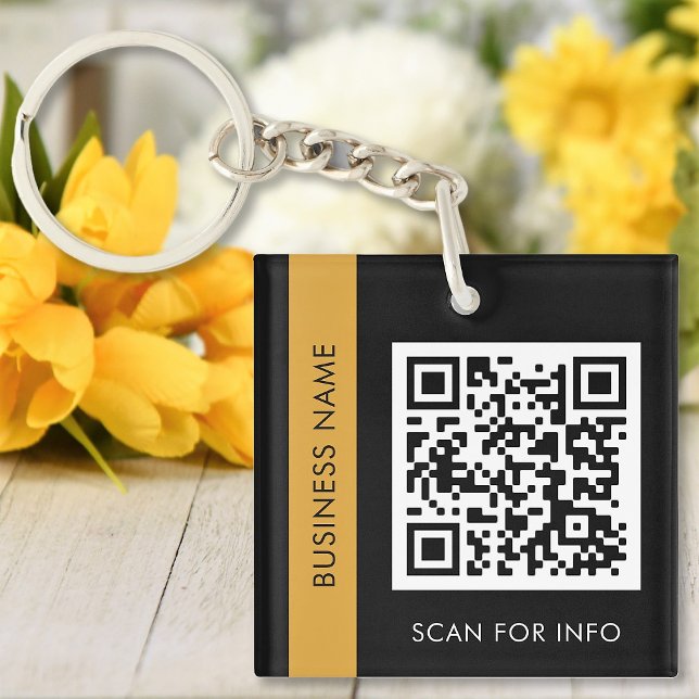 Custom QR Code Text Modern Black Gold Business Keychain (Creator Uploaded)