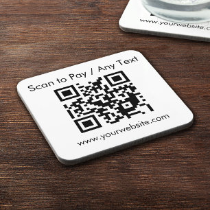 Custom QR Code / Text White Square Cork Backed Beverage Coaster