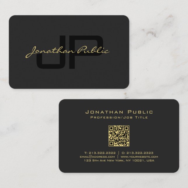 Custom QR Code Typography Gold Text Name Script Business Card (Front/Back)