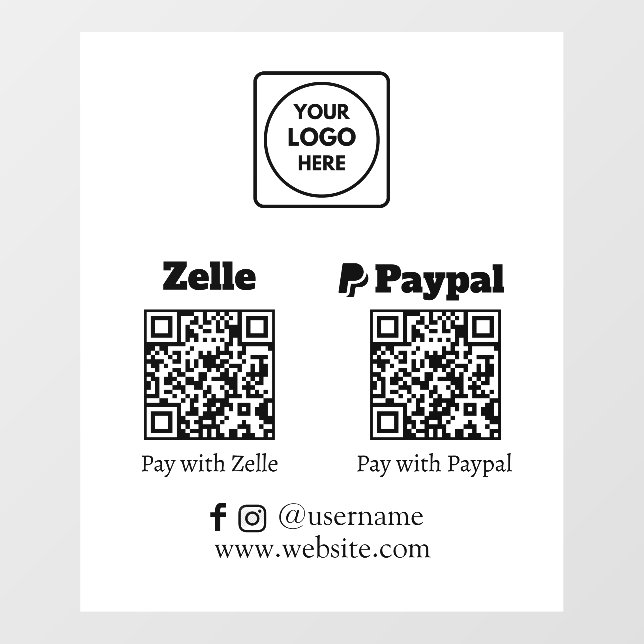 Custom QR Payment | Zelle & PayPal Scan Logo Window Cling (Sheet)